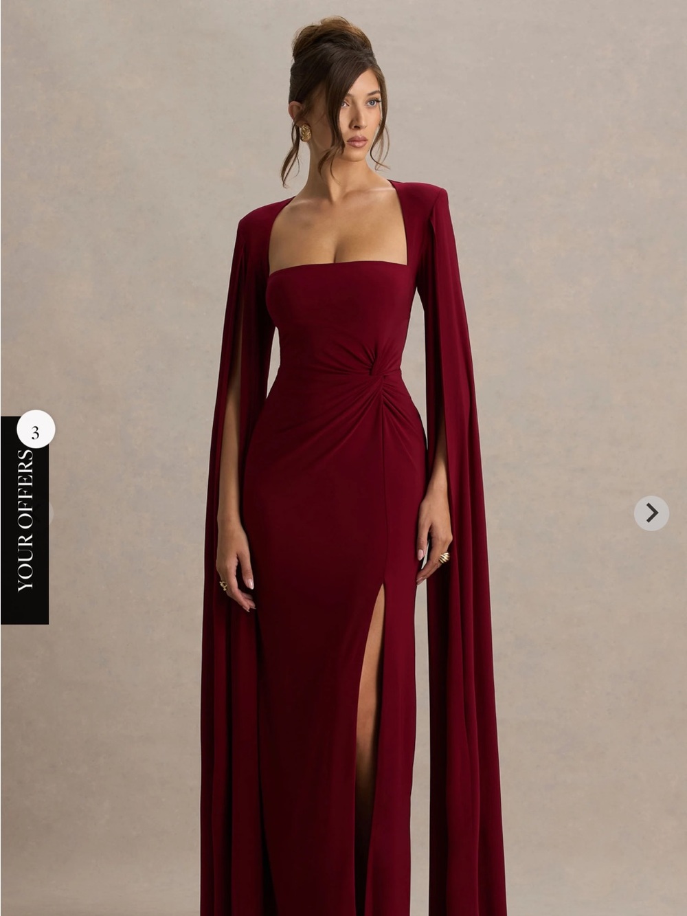 Burgundy Square-Neck Maxi Dress with Draped Cape Sleeves